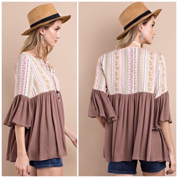 Bell Sleeve Mocha Mix & Max Tunic Top - Picture 2 of 3
